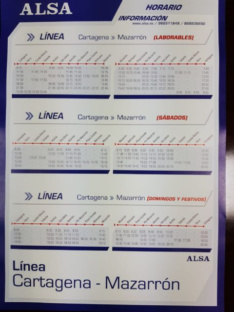 Nuevos horarios de autobuses en las líneas Bolnuevo-Mazarrón-Murcia y Mazarrón-Cartagena